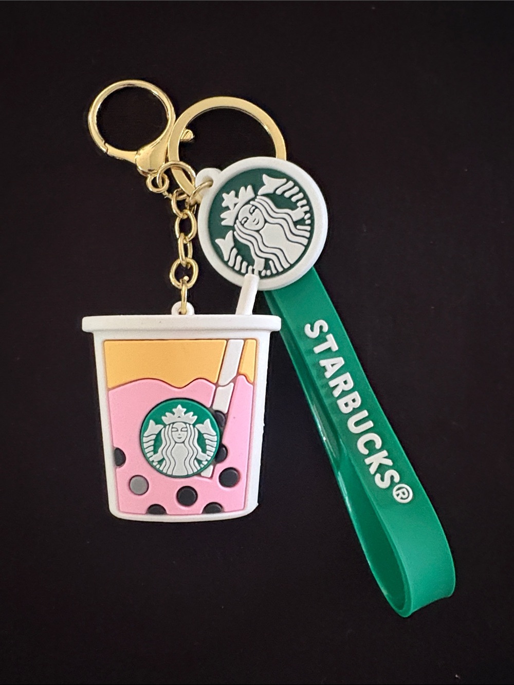 Coffee Boba Drink Green, Pink & Gold Bubble Tea Keychain Bag Charm Wrist Strap
